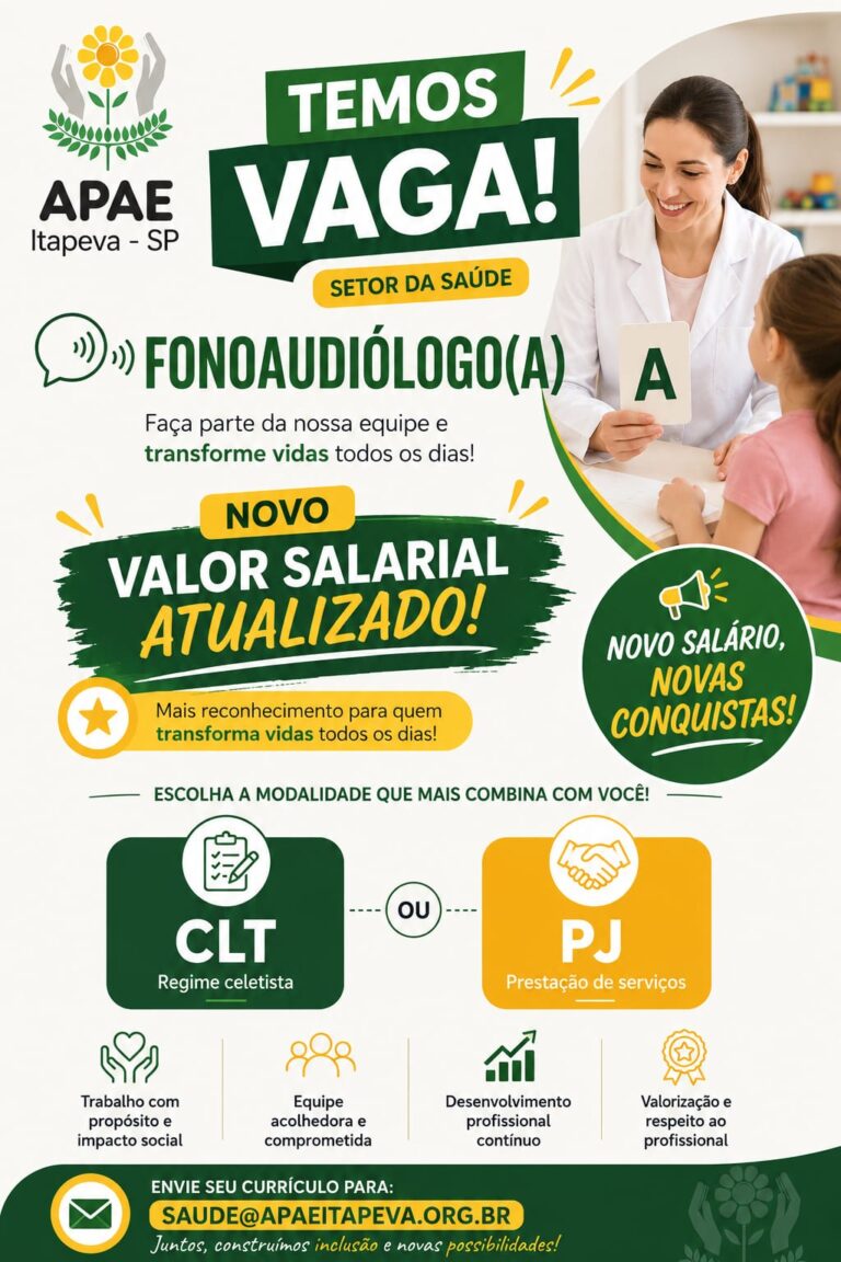 Oportunidade de Trabalho: APAE Itapeva abre vaga para Fonoaudiólogo(a) com novo valor salarial atualizado
